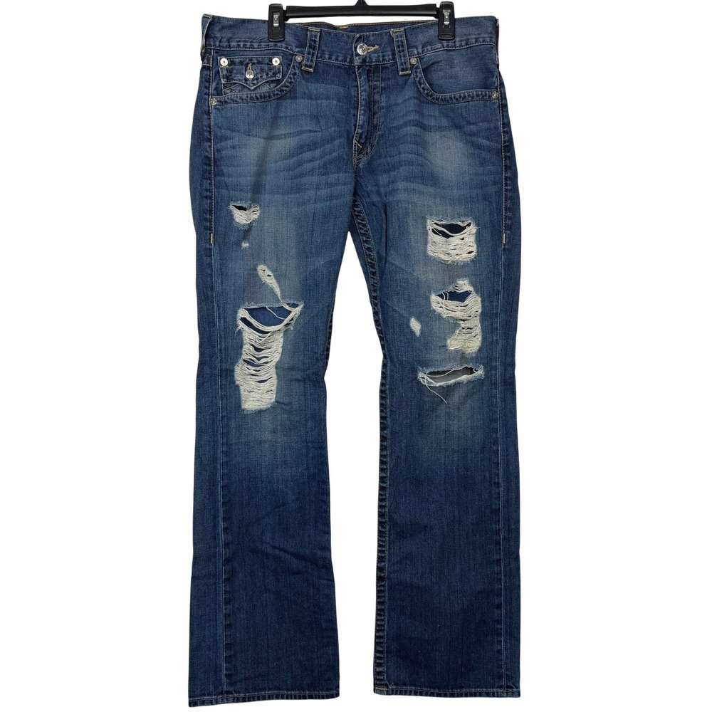 True Religion Straight Flap Jeans Mens 36x32 100% Cotton Distressed Ripped